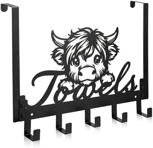Kathfly Highland Cow Over Door Towel Rack 5 Hooks Black by Kathfly