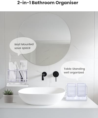 KONE Clear Toothbrush Holders for Bathroom, 2 Cups Wall Mounted, Dry & Wet Separation, Organizers and Storage Set for Family Kids - Image 6