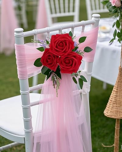 DuHouse 50Pcs Artificial Flowes Foam Roses Real Touch with Stems(Dark Red) - Image 5