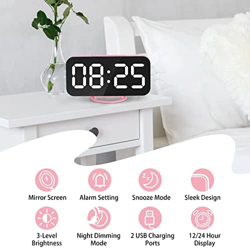 Lamisola Pink Digital Alarm Clock for Girls, Large LED Mirror Desk Clock, 2 USB Charging Ports, Nightstand Table Aesthetic Sleek Clocks Decor for Bedroom Office, Pink - Image 2