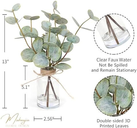 Muhanjia Artificial Eucalyptus Stems in Glass Vase with Faux Water,3Pcs Fake Plant with Double-Sided Green Leaves for Centerpiece(Double-Sided Green Eucalyptus) - Image 2