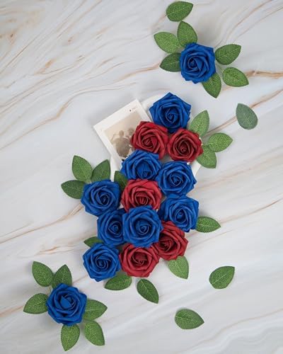 DuHouse 25Pcs Artificial Flowers Foam Roses Fake Roses(Blue White Red) - Image 2