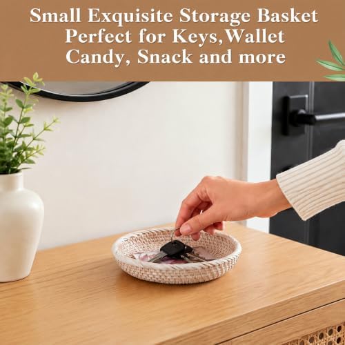 Hushee 3 Pcs Small Wicker Key Basket Entryway Table, White, Round - Image 2