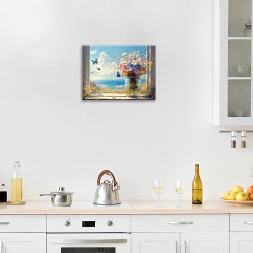 Beach Floral Bathroom Pictures Wall Art, Colorful Flower Bathroom Wall Decor, Coastal Ocean Framed Painting Canvas Artwork for Bedroom Living Room Decorations 20" L x 16" W - Image 3
