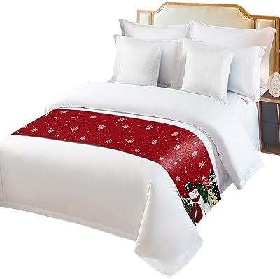 Red Snowman Christmas Bed Runners for Twin Size Bed, Xmas Tree Decorative Bed Throws for Foot of Bed, Winter Snowflake Bed Runner Sofa Throw Bedding Scarf Protector Slipcover for Bedroom/Hotel - Image 2