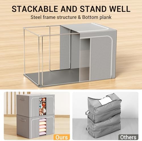 Clothes Storage Bins with Metal Frame Foldable Storage Box Clothes Organizers Storage Containers for Clothes Sheets Blankets Books Toys Gifts and Holiday Decorations (24Lx3 Pack) - Image 3