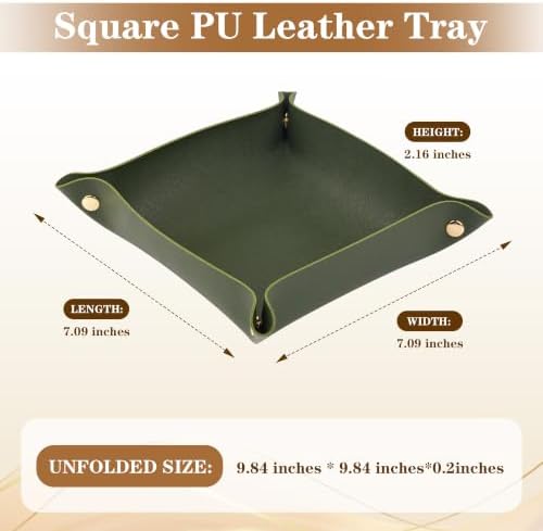 1 Pack PU Leather Tray for Wallet, Portable Décor Key Tray Holder, Night Stand Storage for Bedroom, Bathroom, Living Room, Entryway, Jewelry Valet Organizer for Women Men (1, Green, Square) - Image 2