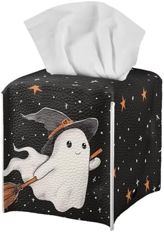 Halloween Black Cute Ghost Tissue Holder Faux Leather Square Tissue Box Covers Soft Folding Easy to Clean Decorative Bathroom Accessory Tissue Box Organizer for Table, Desk, or Countertop by Unknown
