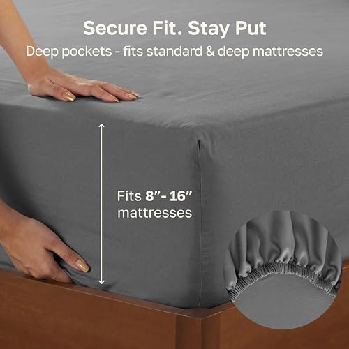 California Design Den Soft 100% Cotton Sateen King Fitted Sheets, Grey - Image 4