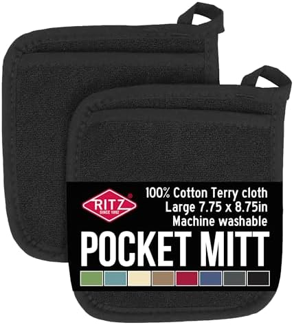 RITZ Terry Pocket Mitt & Hot Pad: Unparalleled Heat Resistant, Durable 100% Cotton – Ergonomically Designed for Optimal Grip – Easy-Care Machine Washable – 2-Pack, Black by RITZ