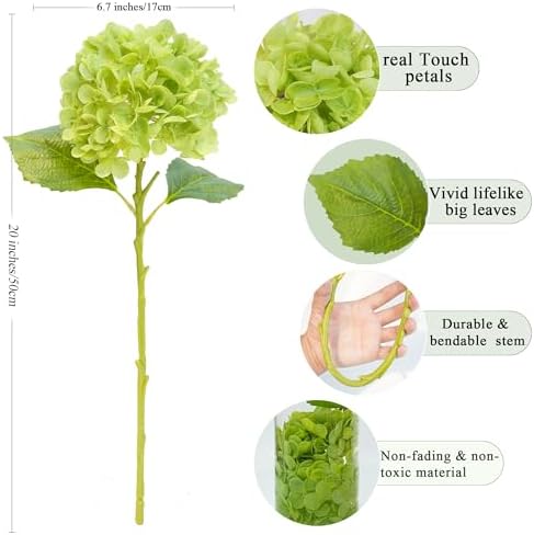 Jahe 4 Pcs Hydrangea Artificial Flowers, 20'' Tall Large Bloom Faux Hydrangea Flowers, Real Touch Fake Flowers, Bouquet Home Wedding Part Decor, DIY Floral Arrangement, Green - Image 2