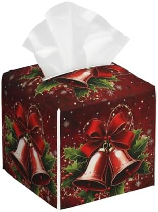 Christmas Holly Red Bell Tissue Box Cover Square Leather Tissue Case Holder Facial Paper Organizer Decorative for Tabletop Night Stands Desk Bathroom Kitchen Car Office Home Decor by HOYYU