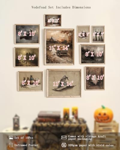Vodefoad Vintage Halloween Wall Art Prints of 10, Retro Cute Ghost Canvas Decor, Spooky Witchy Pictures for Halloween Wall Paintings, Moody Autumn Landscape Canvas Oil Painting, Gothic Dark Aesthetic Posters Prints for Bedroom Gallery Decor Unframed - Image 4
