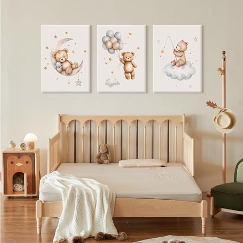 Teddy Bear Nursery Wall Art Decor Baby Boy Girl Room Poster Vintage Nursery Canvas Wall Decor Toddler Kids Room Pictures Cute Bear Neutral Artwork for Bedroom Playroom 12x16x3 Inch Wrapped Canvas - Image 5