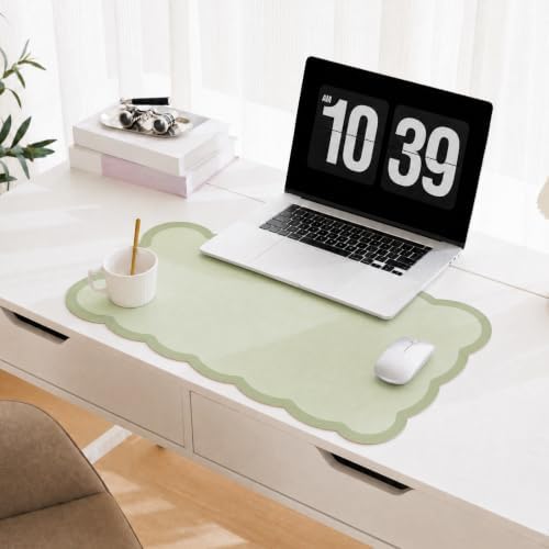 Scalloped Desk Mat, 23.6" x 11.8" Large Cute Sage Green Aesthetic Desk Accessories, PU Leather Computer Laptop Desk Mouse Keyboard Pad, Desk Writing Mat for Vanity/Work/Home Decor by Ohocut