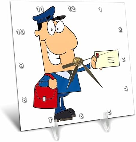 3dRose 6x6 Desk Clock - Happy Mailman Postal Worker Delivering Letter More Random Cartoon Designs by 3dRose