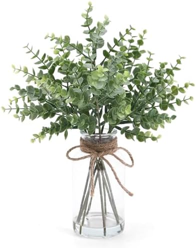 Coferset Eucalyptus Stems in Glass Vase with Faux Water, Sage Green by Coferset