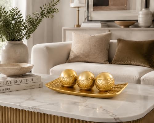 Gold Decorative Orbs with Tray Set, 3Pcs Resin Decorative Balls with Tray, Modern Accent Sphere for Coffee Table, Dining Table, Living Room, Entryway - Image 6