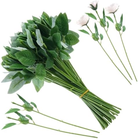 50 Pcs 13'' Rose Stems with Leaves, Fake Flower Stems, Faux Green Leaves Stems, Floral Arrangement Supplies, DIY Artificial Flowers Tools for Bouquet Wedding Party by CDOKY