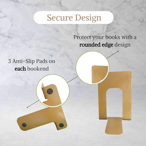Alessk Dark Matte Gold Metal Bookends for Shelves – Heavy Duty Decorative Bookends for Heavy Books – Modern Book Ends for Office Bookshelf- has 3 Non-Slip Pads at the Bottom – 2Pairs (4 Pieces) - Image 4