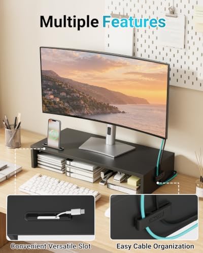 1home Ergonomic Monitor Stand Riser, 21.3 Inch Wood Desktop Stand with Cellphone Holder and Cable Management, Black - Image 3