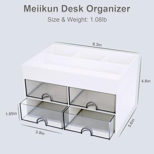 Meiikun Desk Organizer, Office Organizer with Drawer, Desk Accessories & Workspace Organizers, Pen Holder Office Supplies for Desk (4 Drawers+4 Compartments, White) - Image 2