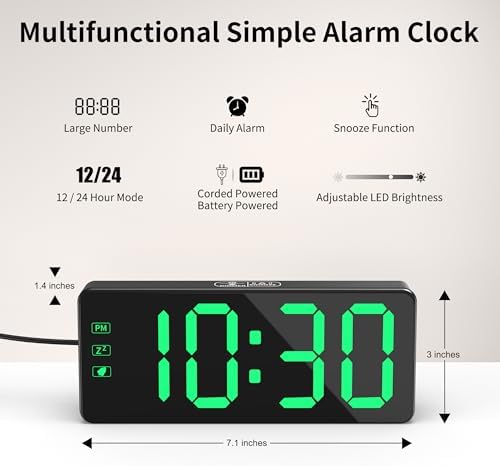 KWANWA Alarm Clock for Heavy Sleepers - 2.4" Super Bright LED with 3-Stage Dimming, 7-Min Snooze, Anti-Power Outage Design/Battery Backup (UL Adapter + 59" Charging Cable Included) - Image 3