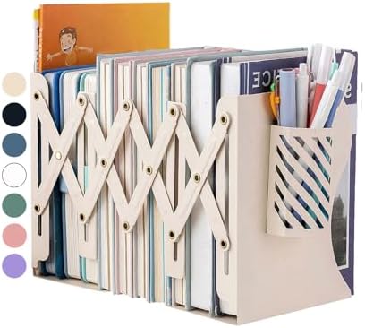 Kingsmile Book Ends, Adjustable Heavy Duty Metal Book Stoppers with Pen Holder for Desk Office Library Kids Room(Light Beige) by Kingsmile