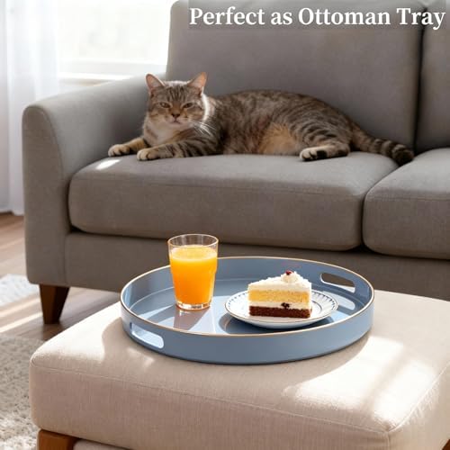 Decorative Tray, Round Plastic Tray with Handles, Modern Vanity Tray and Serving Tray for Ottoman, Coffee Table, Kitchen and Bathroom, Size 13” (Gray) - Image 2