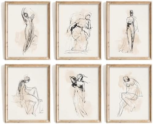 Vodefoad Figure Sketch Art Print Neutral Gallery Wall 6Pcs Set Soft feminine lines Abstract Wall Prints Boho Neutral Line Art Minimalist Bedroom Decor Vintage Drawing Art Female Prints Unframe by VodefoadVintageWallArt