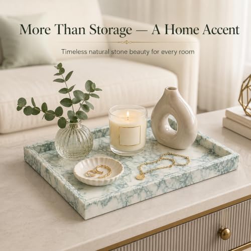 Natural Marble Decorative Tray, 11.8"x7.87" Solid Stone Serving Tray with Raised Border, Versatile Rectangle Organizer for Entryway Key, Coffee Table, Nightstand, Jewelry & Home Accent (Green) - Image 3
