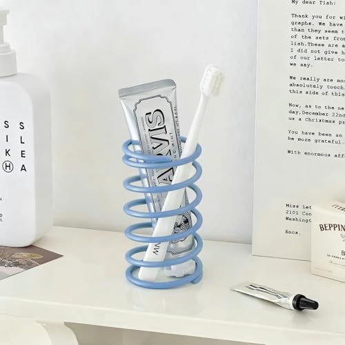 Spring Toothbrush Holder, Stainless Steel Spring Shaped Desktop Toothbrush Holder, Multifunctional Pen Holder Makeup Brush Toothbrush Storage for Bathroom Tabletop Dressing Table and Sink (Blue) by WREWING