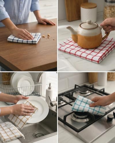 Bumble Kitchen Towels (6-Pack), 16"x28", 100% Cotton, Multicoloured Checked - Image 6
