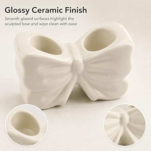 White Bow Toothbrush Holder, Ceramic 2-Slot Toothbrush and Toothpaste Organizer, Cute Bathroom Counter Storage Rack for Toothbrushes, Floss, Razors & Daily Oral Care Items - Image 3