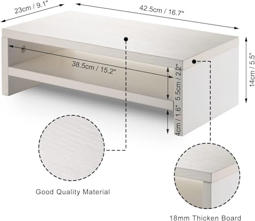 2 Tiers Monitor Stand 16.7” Computer Monitor Riser White, Wooden Monitor Riser for PC Screen/Printer Desktop Organization - Image 4