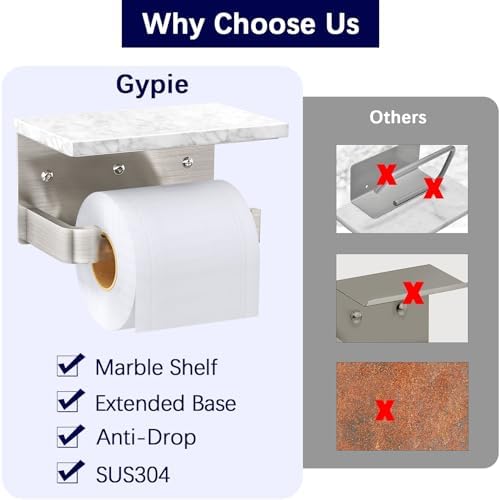 Gypie Toilet Paper Holder with Marble Shelf, Wall Mounted Brushed Nickel - Image 5