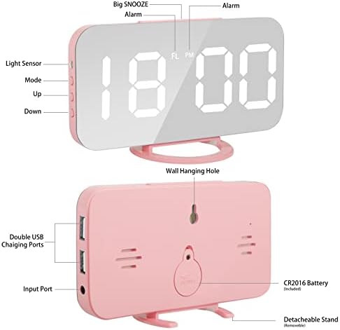 Lamisola Pink Digital Alarm Clock for Girls, Large LED Mirror Desk Clock, 2 USB Charging Ports, Nightstand Table Aesthetic Sleek Clocks Decor for Bedroom Office, Pink - Image 6