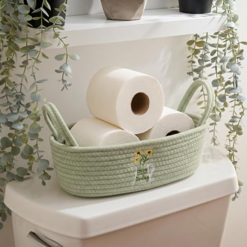 Sage Green Daisy Woven Storage Basket for Toilet Tank Top Boho Floral Cotton Rope Bathroom Countertop Organizer Basket with Handle Bathroom Decor - Image 6