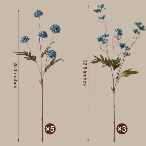 8 Pcs Fake Mums Kiku Flowers Artificial with Wild Flowers Bulk, Blue Silk Flower Arrangements Decor Floral Centerpieces For Tables Artificial Fall Flowers for Vase DIY Bouquet Coffee Dining Home - Image 5