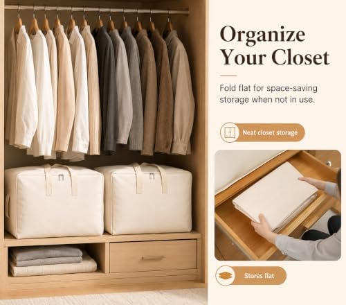 DoYiKe Soft Large Canvas Comforter Storage Bags with Four Carrying Handles and Clear Window, Closet Organizer for Clothing, Blankets Sheets Pillows and Bedding, 80L, Beige - Image 4