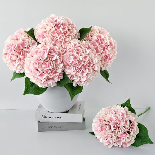 ZYTUYO 5 Pcs Pink/White Silk Hydrangeas Aritificial Flower Boho 20'' Faux Hydrangeas for Spring Indoor Home Decor Kitchen Living Room Baby Shower Outdoor Wedding Table Centerpiece by ZYTUYO