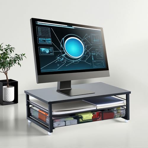 Desktop Monitor Stand with Drawers, 2-Layer Elevated Computer Laptop Riser with Storage, Metal Mesh Organizer Rack for Office - Image 4
