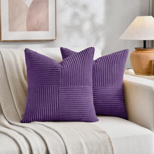 Fancy Homi 2 Packs Purple Decorative Throw Pillow Covers 18x18 Inch for Living Room Couch Bed, Boho Farmhouse Home Decor, Soft Corss Corduroy Patchwork Textured Square Cushion Case 45x45 cm - Image 5