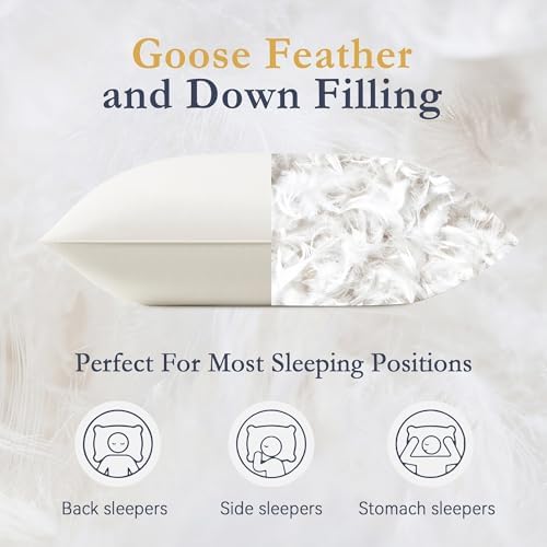 puredown® Goose Feather Down Pillows, 100% Organic Cotton Cover, Luxury Hotel Collection Bed Pillows for Sleeping Set of 2, Standard Size - Image 2