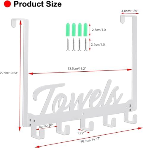 Azmoncy 2 Pack Over The Door Hooks, Towel Rack for Bathroom Towel Holder for Hanging Heavy Duty, Over Door Hanger with 10 Coat Hooks for Bedroom Bathroom Kitchen Bag, Coats, Hats (White) - Image 2