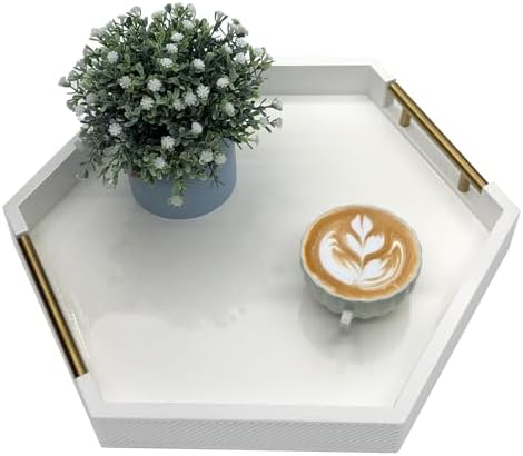 Serving Tray with Polished Metal Handles, Hexagon Coffee Table Tray, Modern Rectangle Decorative Tray, Large Ottoman Tray, Perfect for Storage and Display (White Hexagon) by thewense