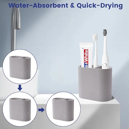 Diatomite Toothbrush Holder for Bathroom Counter, 2-Slot Toothpaste Organizer, Quick Drying Stand for Electric Brush, Grey, 4.37 x 3.9 in - Image 3
