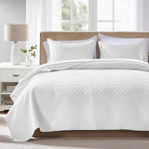 FLYMME Queen Quilt Bedding Set White Lightweight Bedspreads Full Size,Modern Style Geometric Weave Stripe Pattern,Soft Microfiber Bed Coverlet for All Season (1 Quilt, 2 Shams) by FLYMME