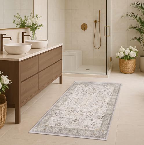 Boho 3x6 Large Bathroom Rug - Washable Floral Area Rug for Entryway, Bedroom Beside Bed, Modern Vintage Low Pile Kitchen Carpet, Neutral Light Gray & Sage Décor by HazoHaus