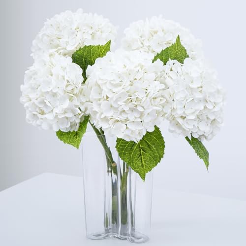 Waipfaru 21" Real Touch White Hydrangea Artificial Flowers with Long Stem & Leaves, Full Latex Faux Hydrangea Flowers for Home Decor Party Floral Arrangements Wedding Bouquets Centerpieces, 5Pcs by Waipfaru